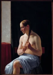 Sittende nakenmodell. Portrett av en kvinne som fletter håret hennes (flette). Maleri av Christoffer Wilhelm Eckersberg (1783-1853)