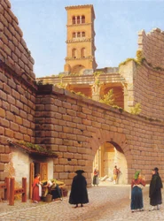 Muren rundt Augustus#39; Forum med Mars Ultor-tempelet og kampanilen til kirken San Basilio i Roma.