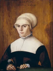 Portrett av pausen, 28 år gammel, av Joerg Zuber, orfevre d’Augsbourg - Kona til Joerg Zoerer, i en alder av 28 av Amberger, Christoph (ca. 1505-1562)