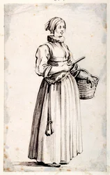 Figur med kurv og kniv (penn og brunt blekk på papir)
