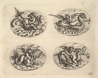 Fire ovaler med Genii, plater fra Neue Grotessken Buch, 1610.