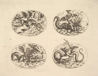 Putti med sjømonstre, tallerkener fra Neue Grotessken Buch, 1610.