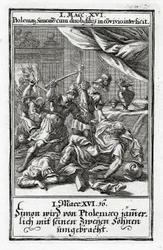 Simon og hans to sønner blir drept av Ptolemaios.1 Makkabeerne 14:16, 1695