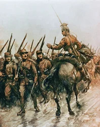 Lansenér fra det belgiske guidekorpset passerer fransk infanteri på marsj mot fronten i 1914
