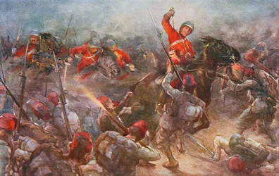 Drury Lowes-kavaleriets angrep ved Kassassin, 28. august 1882, illustrasjon fra Britiske slag på land og til sjøs, redigert av Sir Evelyn Wood (1838-1919), 1915