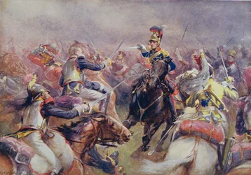 Den tunge brigadens angrep på de franske kyrasserene ved Waterloo, fra «British Battles on Land and Sea», redigert av Sir Evelyn Wood (1838-1919), først utgitt i 1915