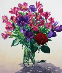 Blomster med rød rose (akvarell på papir)
