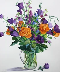 Oransje og lilla blomster (akvarell på papir)