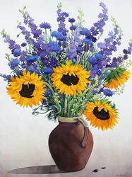 Sommerblomster i brun kanne (akvarell på papir)