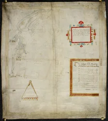 Kart over herregårder i Bayford og Goodmanston i Murston og Sittingbourne, co. Kent: 1590 (blekk og fargevask på vellum)