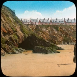 Strand og klipper, Newquay, Cornwall, slutten av 1800- eller begynnelsen av 1900-tallet