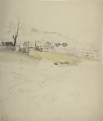 Utsikt over et kulleri ved kanten av en by, 1840-49.