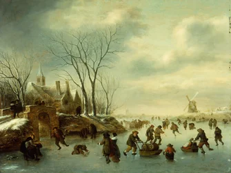 Vinterlandskap med skøyteløpere (olje på panel)