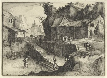Fjelllandsby med hus og trapper Nederlandske landskap (serietittel) Amaeniores Aliquot Regiunculae (serietittel på objekt)