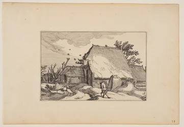 En gård, mann med to bøtter på stien foran, fra Landskap (Verscheyden aerdige Lanthuysen...)
