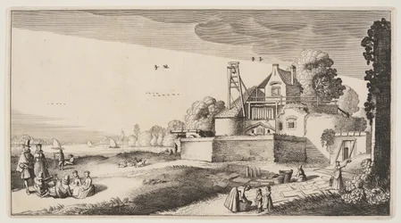 Blekingsfelt foran et fort ved en elv, fra Landskap (Playsante Lantschappen)