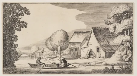 Bonde og bondekvinne i robåt, fra Landskap (Playsante Lantschappen)