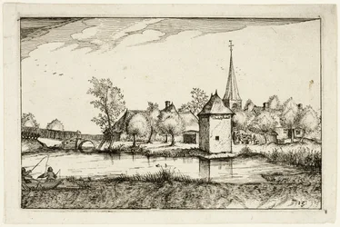 Dam og en landsby, tallerken femten etter Bilder av gårder, landsteder og rustikke landsbyer (Praediorum villarum et rusticarum casularum-ikoner)