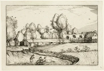 Vei langs en mark, plate seksten etter Bilder av gårder, landsteder og rustikke landsbyer (Praediorum villarum et rusticarum casularum-ikoner)