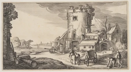 Vakttårn nær en elv, fra Landskap (Playsante Lantschappen)