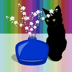Blå glassvase med blomst og svart katt