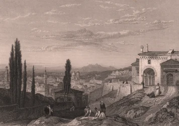 Panoramautsikt over byen Verona fra kirken San Zeno i Monte, Veneto, Italia, stålgravering av S Fisher etter tegning av Clarkson Stanfield (1793-1867), ca 14x12 cm