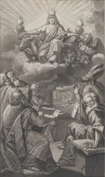 Allegorisk skikkelse dukket opp på skyene over hodet mens en gruppe menn samlet under ser ut..., 1728.