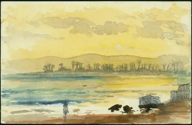 Soloppgang nær Haifa, 1872 (wc og blyant på papir)