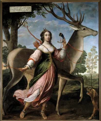 Portrett av Marie de Rohan-Montbazon, hertuginne av Luynes og deretter Chevreuse (1600-1679). Den unge kvinnen er fremstilt som jegerinnen Diana, med en hjort. Maleri tilskrevet Claude Deruet (1588-1662), 1627. H. 2,4 x 1,95 m