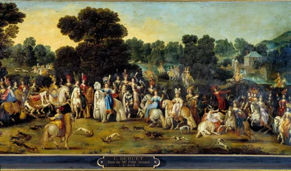De fire elementene: "Luft". Jaktscene i parken til et slott. Detalj. Maleri av Claude Deruet (1588-1662) 1641 Søn. 1,14x2,58 m Orleans, musee des Beaux Arts