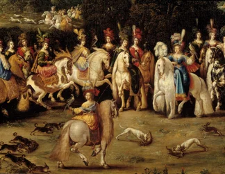 De fire elementene. Luftdetalj: Ecuyere jaktfalk. Maleri av Claude Deruet (1588-1662)