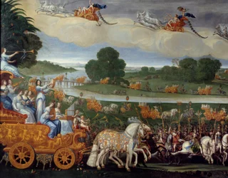 De fire elementene. Jorden (Detalj til venstre). Olje på lerret. Mål: 4,22 x 1,14m. Maleri av Claude Deruet (1588-1662)