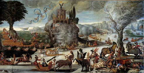 De fire elementene: Vannscene vinterlandskap, kong Ludvig XIII er representert i Neptun, Anne av Østerrike i Amphitrite, Prins og fremtidige kong Ludvig XIV på en båt. Maleri av Claude Deruet (1588-1662). Dim. 2,27 x 1,12 m. 1640-1641. Orleans. Museum av
