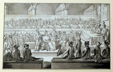 Dronning av Frankrike Marie Antoinette foran revolusjonsdomstolen: dager 14,15,16/10/1793 Advokaten som forsvarte seg i saken hans er Claude Francois Chauveau-Lagarde (1756-1841). Tegning med sort blekk Dim. 0,097x0,15 m. Paris, Louvre-museet