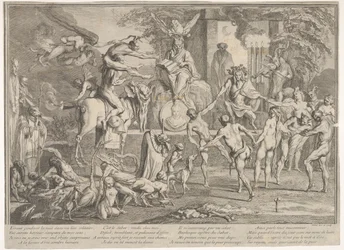 Heksesabbat i et nattlig landskap, en nekromant sittende øverst i midten, ca. 1700-1720