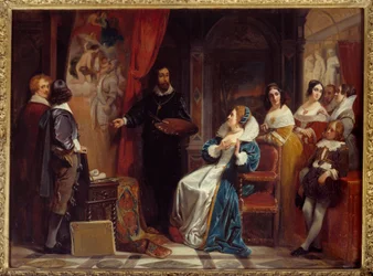 Dronning av Frankrike Marie de Medicis (1573-1642) på besøk i verkstedet til maleren Pierre Paul (Pierre-Paul) Rubens (eller Peter Paul eller Petrus Paulus) (1577-1640). Maleri av Claudius Jacquand (1804-1878)