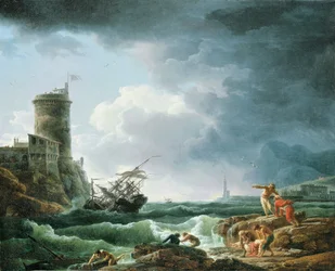 En storm med skipsforlis ved en festning, en skipbrudden i forgrunnen, 1769