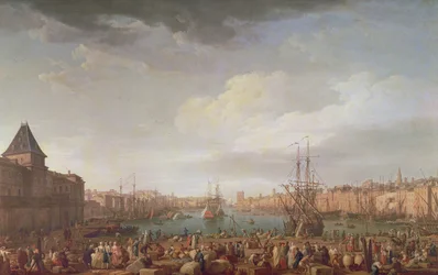 Morgenutsikt over den indre havnen i Marseille og paviljongen Horloge du Parc, 1754
