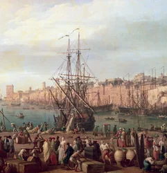 Morgenutsikt over den indre havnen i Marseille og paviljongen til Horloge du Parc, 1754 (detalj av 156103)