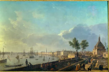 Havnen i Bordeaux med bymurene, 18. århundre. Paris, Sjøfartsmuseet