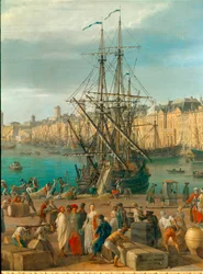 Havnen i Marseille på 1700-tallet. Detalj som viser lossing av varer. Maleri av Joseph Vernet (1714-1789), 1700-tallet. Paris, Marinemuseet