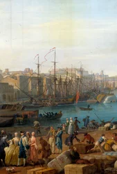 Havnen i Marseille på 1700-tallet. Detalj som viser lossing av varer. Maleri av Joseph Vernet (1714-1789)