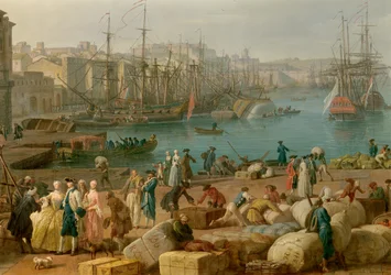 Havnen i Marseille på 1700-tallet. Detalj som viser lossing av varer. Maleri av Joseph Vernet (1714-1789), 1700-tallet, Paris, Marinemuseet