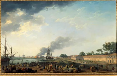Utsikt over havnen i Rochefort og det kongelige repslageriet. Maleri av Joseph Vernet (1714-1789), 1762. Paris, Musée de la Marine.