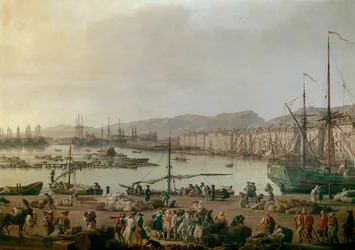 Utsikt over havnen i Toulon, detalj: den gamle havnen, utsikt fra kysten med butikkene. Maleri av Joseph Vernet (1714-1789), 1756. Paris, Musée de la Marine - Utsikt over Toulons sjøhavn. Detalj. Maleri av Joseph Vernet (1714-1789)