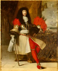 Helportrett av Ludvig XIV, konge av Frankrike og Navarra (1638-1715), omkring 1665-1670 (krigsskip med krone og septer plassert på bordet, foran et maritimt landskap med en båt), maleri av Claude Lefebvre (1632-1675), omkring 1670, H. 1,96 x 1,55