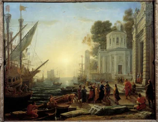Klarering fra Kleopatre til Tarsus. Cleopatre, dronning av Egypt møter Marc Antoine, i Tarsus (provinsen Cilicia, Tyrkia) i 41 f.Kr. Maleri av Claude Gellee Dit Le Lorrain (1600-1682)