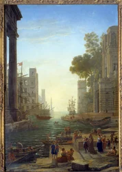 Landskap med båten til Saint Paula Romana ved Ostia. Saint Paula forlater barna sine for å reise til Det hellige land. Lerret, 211 x 145 cm - Boarding fra Sainte Paule til Ostia. St. Paule (347-404 eller 407), romersk enke, disippel av Saint Hieronymus. Ma