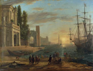 «Port de mer au soleil couchant» (En havn). Maleri av Claude Lorrain (1600-1682). Olje på lerret, 1644. Mål: 103 x 131 cm. National Gallery, London