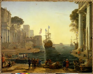 Ulysses gir Chryseis til faren. Olje på lerret. Mål: 1,19 x 1,50 m. Maleri av Claude Gellee Dit Le Lorrain (1600-1682)